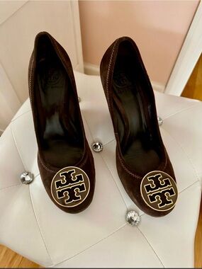 Tory Burch Dark Brown Suede Pumps with Gold Logo Medallions